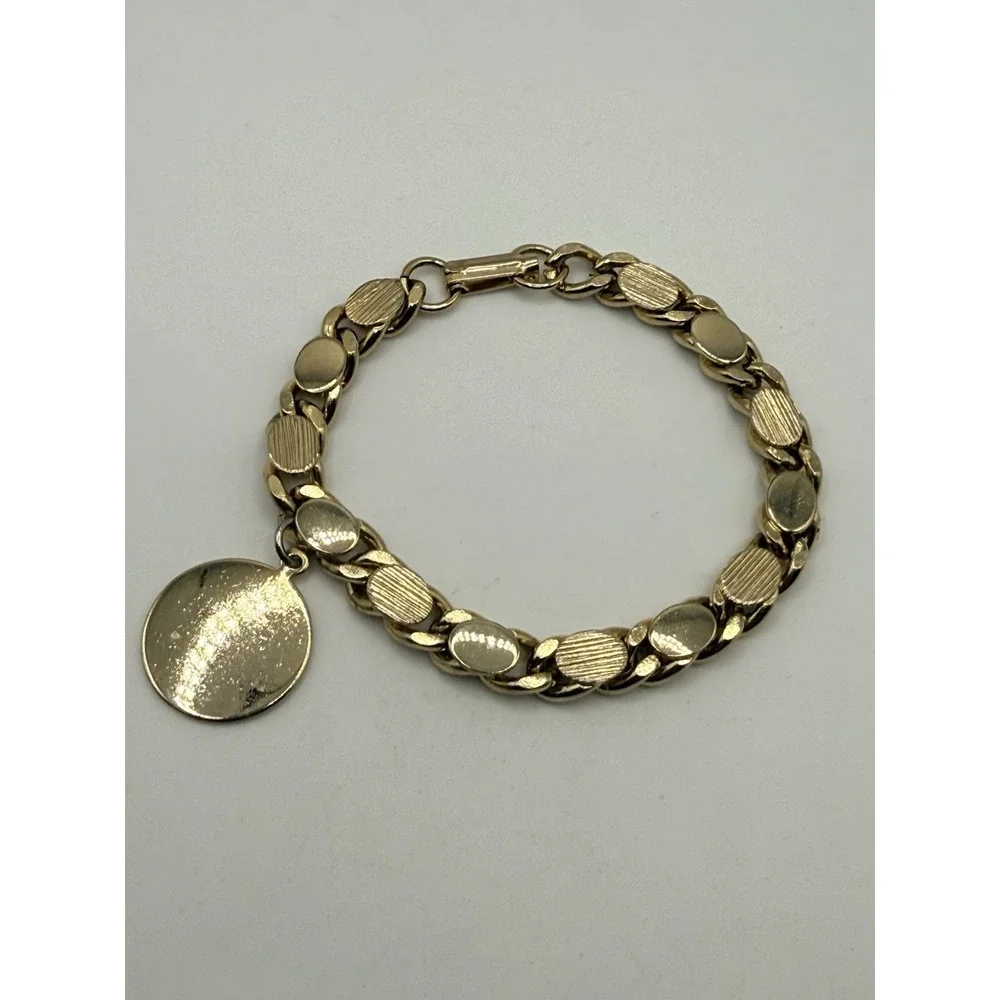 Vintage Gold Tone Link Bracelet Disc Round Dangle Engravable